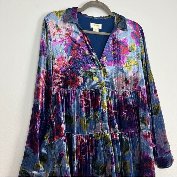 Anthropologie Maeve | Reverie Tiered Velvet Floral Tunic Bloomcore Boho Blue XS - Picture 7 of 13